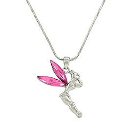 Liavy's Tinker Bell Fairy Charm Pendant Fashionable Necklace - Sparkling Crystal - 17" Snake Style Chain - Pink