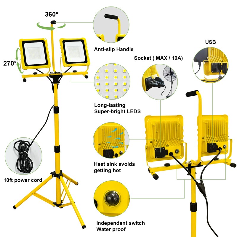 25000 Lumen Work Lights with Stand, Dual Head LED Work