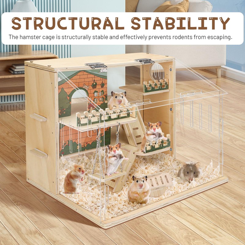 Wooden Hamster Cage Large, 16-Inch 3-Layer Acrylic Hamster Cage, Small