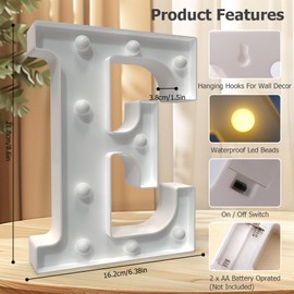 Marquee Letters E, Led Letter Lights, 26 Alphabet Battery Powered LED Light Up Name Sign, Decorative Lighted Standing Letters for Graduation Party Night Light Wedding Birthday Room Bar Wall Decor