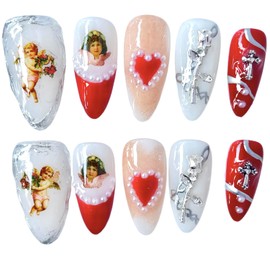 Handmade Press On Nails Almond Shape Little Angel Design - Vintage Pearl & Silver Flower Acrylic Fake Nails, Salon Quality False Nails with Red/White Romantic Style (Red angel, M)