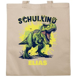 Geschenk mit Namen personalisiert by Shirtracer - Cotton Bag - Gym Bag - School Child Tyrannosaurus Rex with Name | First Day of School Dinosaur Gift, 1 natural white