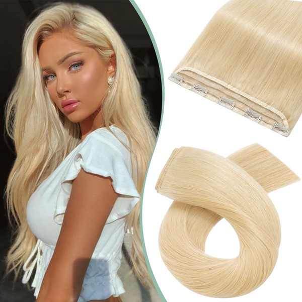 Silk-co Clip-In Real Hair Extensions, 1 Piece, 5 Clips, Soft Natural Human Hair, Straight Hair Extensions, 50 cm - 50 g, 613# Bleach Blonde