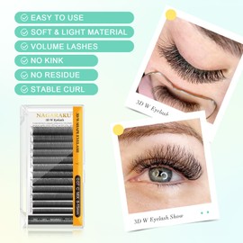 NAGARAKU 3D W Eyelash Extensions, Eyelash Extension, Self-Fanning Lash, Pre-Fanned Ready-to-Use Fan Weave with Long Handle, Premade Fans Volume Cluster, Mega Matte Black (0.05 mm C Curl, 12 mm)