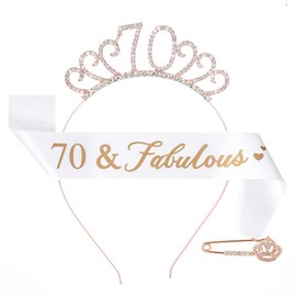CHTENG Rose Gold Birthday Girl Sash and Tiara Rhinestone Crown Headband for Birthday Party Supplies (70 NUMBER)