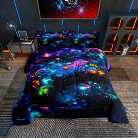 Feelyou Kids Gamer Comforter Set Full Size, Galaxy Gaming Bedding Set Glitter Game Comforter Boys Girls Gamepad Teens Duvet Set Bedroom Decor Bed Set 3Pcs