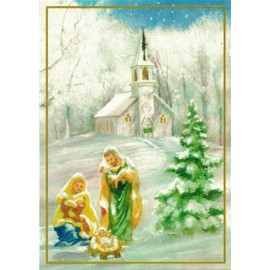 Caspari Nativity and Snowy Church Boxed Christmas Cards - 4 INCH x 5.25 INCH 16 CARDS AND ENVELOPES
