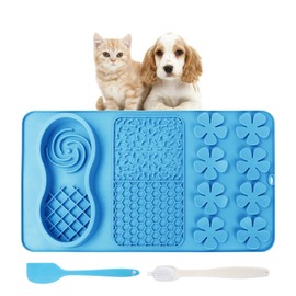 LONGFITE Large Dog Feeding Licking Snuffle Mat Silicone Slower Feeder Lick Mats Multi Use for Dry&Wet Food and Water with Brush and Spatula (Blue)