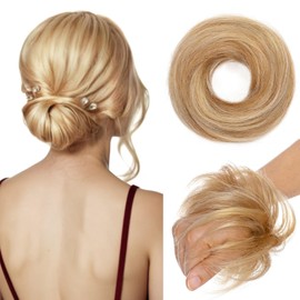 TESS Real Human Hair Bun Elastic Easy Scrunchies Hairpiece Updo Ponytail Extensions Hair Accessories for Women UK #12P613 Golden Brown & Bleach Blonde
