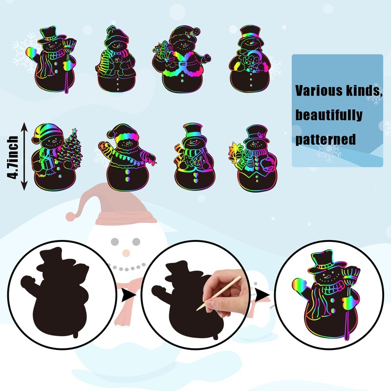 JarThenaAMCS 120Pcs Winter Snowman Scratch Paper Rainbow DIY Scratch Art