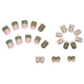 Press On Nails Short Square, Coffin Shape Full Cover Reusable False Nails with Glue, Stick On Nails with Green Flower Designs, Artificial Fingernails Acrylic Fake Nails for Women, Glue On Nails Medium