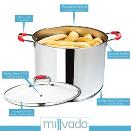 Millvado Stock Pot, 8.4 Quart Stainless Steel, Large StockPot With Clear Glass Lid, Steam Hole, Permanent Measurement Markings, Gas, Electric and Induction Compatible Boiling Pot