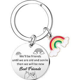 Vintashion Stainless Steel Round Pendant Friendship Inspirational Engraving Rainbow Charm Keychain For Teen Girls Birthday Gift (Pinky Swear Engraving)