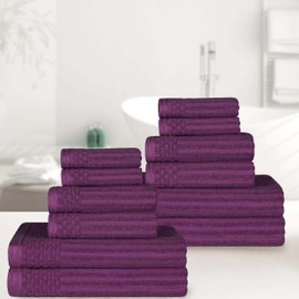 Superior Cotton 12-Piece Solid and Ribbed Towel Set, Face Towels 13” x 13”, Hand Towels 16” x 28”, Bath Towels 27” x 54”, Plum, 12-Pieces