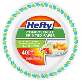 Hefty Compostable Printed Small Paper Plates for Desserts and Appetizers, Soak Resistant and Microwave Safe Compostable Plates, 6 Inch, 40 Count