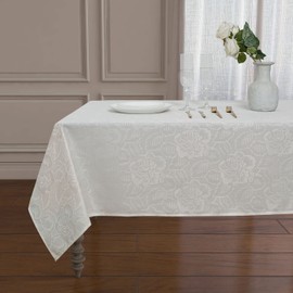 PREMIUS Laura Oblong Rose Floral Jacquard Tablecloth, Elegant Look & Constructed with Vintage Floral Pattern & Bold Motifs, Wrinkle & Water Resistant (Beige, Table Cloth-56x102 Inches)