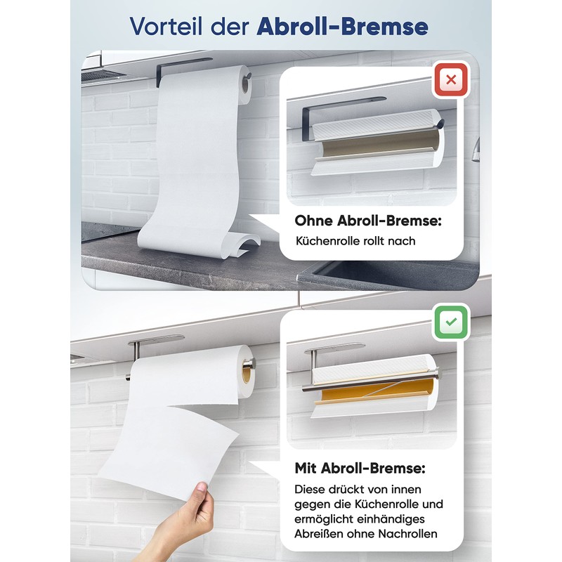 WOHNHELD® Kitchen Roll Holder No Drilling [With Roll Brake for
