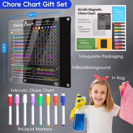 Acrylic Magnetic Chore Chart for Kids & Adults, 12"x9.5" Clear Dry Erase Reward Board - Behavior and Responsibility Refrigerator Chart for at Home Multiple Kids, Teens(w/ 8 Markers & Towel)