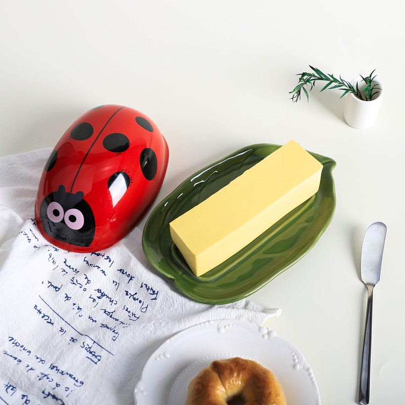 Bicuzat Ceramic Ladybug and Leaf Butter Dish with Lid, Butter