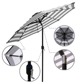 ABBLE 9 Ft Solar Led Lighted Outdoor Patio Stripe Umbrella with Tilt and Crank, Weather Resistant, UV Protective Umbrella, Durable, 8 Sturdy Steel Ribs, Market Outdoor Table Umbrella - Black and White