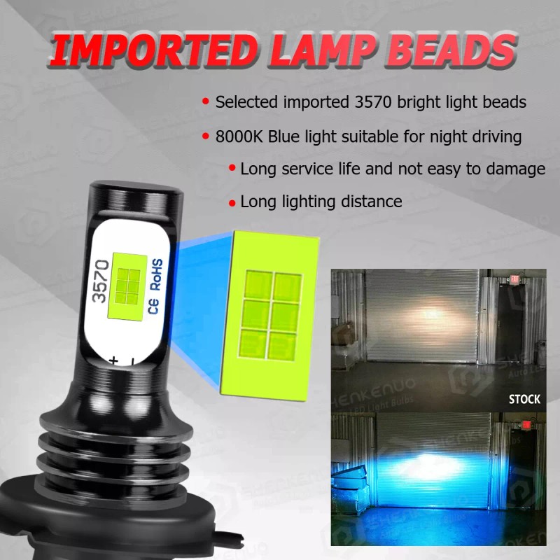 SHENKENUO 2 Sides 2Pcs H7 8000K Ice Blue LED Headlight