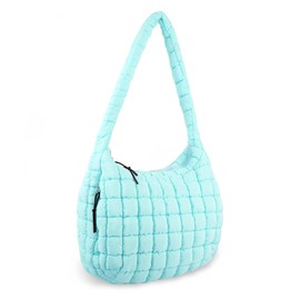 Quilted Puffer Tote Bag for Women,Large Puffy Crossbody Shoulder Bag Lightweight Nylon Hobo Bag with Zipper,Purse Puffy Quilted Carryall Bag Soft Oversized Padding Handbag for Daily Travel(Cyan)