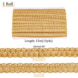 PandaHall 12m/13 Yards Golden Gimp Braid Trim, 15mm/0.6 inch Decorative Woven Braid Trim Sewing Centipede Lace Ribbon Polyester Upholstery Trim for Home Decor Slipcover Dress Making