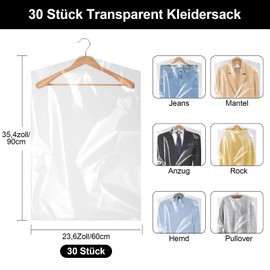 Ysimple Pack of 30 Transparent Plastic Garment Bags, 60 x 90 cm, Hanging Clothes Cover, Reusable, Dustproof Garment Covers, Clothes Cover for Coats, Jackets, Dresses