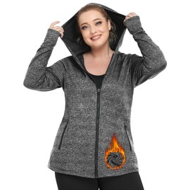 FOREYOND Plus Size Fleece Lined Jackets for Women Thermal Hoodies Full Zip Up Workout Athletic Jackets with Thumb Holes, Grey, 2XL