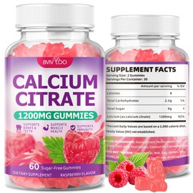 High Absorption Calcium Citrate Gummies 1200mg - Bone & Teeth Support for Adults & Kids, Vegan, Non-GMO, Sugar-Free Gummies, Raspberry Flavor, 60 Count