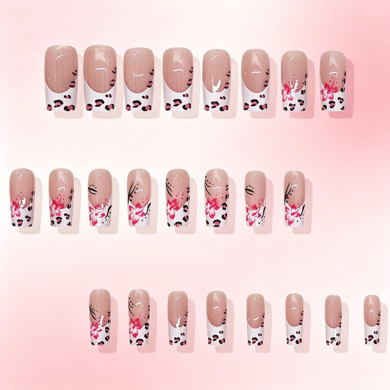 Leopard Print Press on Nails Flower False Nails with Polka