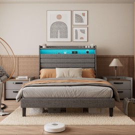 GAOMON Full Bed Frame with Charging Station, LED Light Full Size Platform Bed with Upholstered Headboard and 2-Tier Storage, Easy to Assembly Wooden Slat Support, No Box Spring Needed, Grey