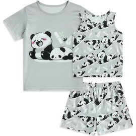 Funnycokid Girls Pajamas Size 10-12 Kids Panda 11t Pjs Set Sleepwear Teen Nighty 3pcs Lounge Sets Shirts Tank Shorts Nightwear Size 11-12