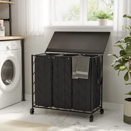 WOWLIVE Laundry Basket with Wheels, 142L Hamper 3 Section with Lid, Dirty Clothes Hamper with Removable Bags, Large Capacity Iron-Made Organizer Laundry Sorter for Dorm, Black