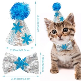 PET SHOW 4pcs Extra Small Dogs Hats and Bowties Sets Winter Snowflake Blue Silvery Adjustable Holiday Cat Mini Party Hats with Bow Ties Puppies Kittens Grooming Accessories Costumes