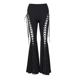 xxxiticat Women's Lace Up Pants High Waist Bandage Criss Cross Bandage Tie Up Cutout Gothic Flared Bell-Bottom Trousers(BL,2XL) Black