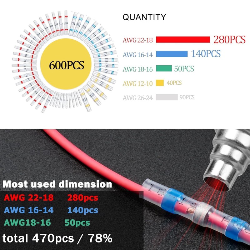 600PCS Solder Seal Wire Connectors, Heat Shrink Self Stick Solderless