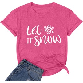Merry Christmas T Shirts for Women Girls Snowflake Graphic Print Merry and Bright Christmas Party Gifts Blessed Tops, Pink S