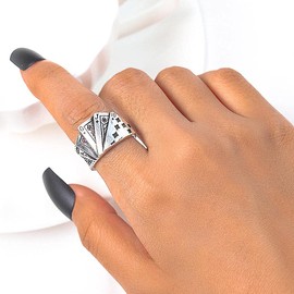 Yeoubi Ring, Open Ring, With Zirconia, One Size Fits Most, Silver 925 Plated, Royal Straight Flash Ring, Thick, Trump Ring, Poker Ring, Men's, Silver, Diamond, Diamond Ring, Playing Cards, Poker, Silver Ring, Adjustable, Metal