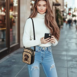 HUGS IDEA Dachshund Crossbody Bags for Women Leopard Print Cell Phone Purse for Lady Work Leather Wallet Handbags with Card Slots Fashion Shoulder Bag with Adjustable Strap