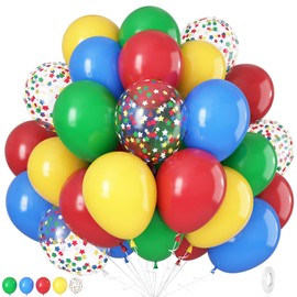 Red Yellow Blue Balloons, 12 Inch Matte Blue Yellow Red Green Latex Balloons, Rainbow Colourful Confetti Star Helium Balloons Set for Kids Birthday Baby Shower Carnival Circus Party Decoration