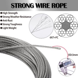 3 mm Wire Rope Steel Cable for Trellis Stainless Rope Lamp Suspension Wire Rope with M5 Turnbuckles Wire Rope Thimble (15 m)