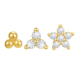 Set of 3 Single Studs in Sterling silver 925 Rhodium Plated Small Stud Earrings Set | Screw Back Studs | Tiny Cartilage Earring | Second Hole Earring | Tiny Three Spheres Three Stone Cluster Flower CZ