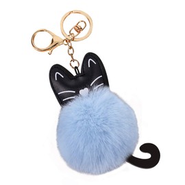 CHROME CRANE WB079 Women's Cat Cat Brushed Fluffy Cute Key Ring Charm Keychain, 05.blue