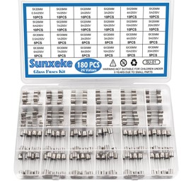 Sunxeke 24 Values 180pcs Quick Blow Glass Tube Fuses Assortment Kit 250V 0.5A 1A 2A 3A 4A 5A 6A 7A 8A 10A 15A 20A 5X20MM 0.5A 1A 2A 3A 4A 5A 6A 7A 8A 10A 15A 20A 6X30MM 250V Fast-Blow Glass Fuses Set