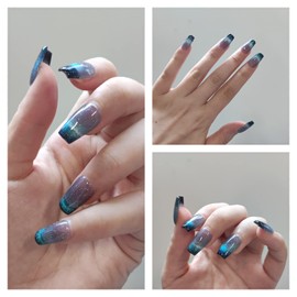 CEBOIC Glue-On Nails, Handmade Press On Nails, Ballerina, Silver Blue Cat's Eye, Hand-Painted Luxury Reusable Gel Nails for Girls and Women, 10 Pieces Make Your Own Nails Set