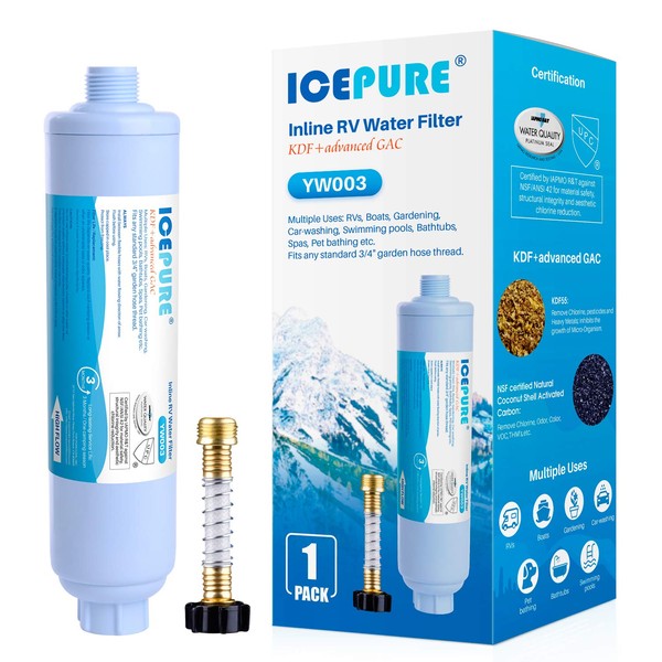 ICEPURE Inline Water Filter for Hose on RV Garden Pool Camper Marine Boat for Drinking, Car Washing, Gardening, Planting, Spa, Reduces Chlorine, Bad Taste, Odors, with 1 flexible hose protector, 1PACK