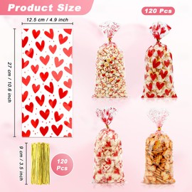 120PCS Valentine Treat Bags, Valentine Cellophane Treat Bags, Valentines Gift Bags, Plastic Valentines Candy Bags Cookie Bags Goodie Bags with Twist Tie for Valentines Day Wedding Party Favor Supplies
