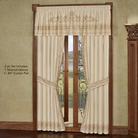 Touch of Class Versailles Luxury Window Treatment | Classic Neutral Pearl | Palace-Inspired French Style Golden Scrollwork Embroidery | Designed Drapery Set: Tailored Valance and 84L Curtain Pair