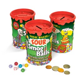 TOXIC WASTE - Sour Smog Balls - Crunchy & Chewy Sour Balls - Lime, Cherry, Strawberry, Lemon, Blue Raspberry, & Grape Flavors - 4 oz. Coin Banks - 3-Pack